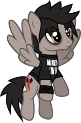 Size: 929x1401 | Tagged: safe, artist:lightningbolt, derpibooru exclusive, imported from derpibooru, pegasus, pony, .svg available, clothes, eyeliner, eyeshadow, feathered wings, flying, frown, makeup, male, mikey way, my chemical romance, ponified, shirt, show accurate, simple background, solo, spread wings, stallion, svg, t-shirt, the black parade, transparent background, vector, wings, wristband