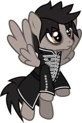 Size: 929x1401 | Tagged: safe, artist:lightningbolt, derpibooru exclusive, imported from derpibooru, pegasus, pony, .svg available, clothes, eyeliner, eyeshadow, feathered wings, flying, frown, jacket, makeup, male, mikey way, my chemical romance, ponified, show accurate, simple background, solo, spread wings, stallion, svg, the black parade, transparent background, vector, wings