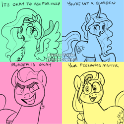 Size: 2048x2048 | Tagged: safe, artist:queertrixie, imported from derpibooru, izzy moonbow, pipp petals, sprout cloverleaf, sunny starscout, pony, spoiler:my little pony: a new generation, adorapipp, cute, g5, high res, meme, motivational, murder is okay, my little pony: a new generation, one of these things is not like the others, watermark