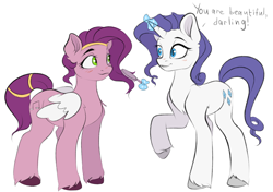 Size: 2962x2090 | Tagged: safe, artist:vetta, imported from derpibooru, pipp petals, rarity, pegasus, pony, unicorn, spoiler:my little pony: a new generation, adorapipp, blushing, cute, g5, high res, magic, my little pony: a new generation, pipp and her heroine, raribetes, simple background, talking, white background