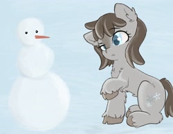 Size: 3048x2368 | Tagged: safe, artist:anonymous, oc, oc only, pony, carrot, female, floppy ears, food, mare, raised eyebrow, raised hoof, snow, snowman, snowpony (species), solo, taiga pony