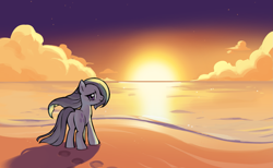 Size: 2147x1326 | Tagged: safe, artist:marbo, imported from ponybooru, marble pie, earth pony, pony, beach, butt, cloud, female, hoofprints, looking at you, looking back, looking back at you, mare, plot, sand, shore, smiling, solo, sunset