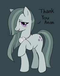 Size: 1000x1250 | Tagged: safe, artist:marbo, imported from ponybooru, marble pie, earth pony, pony, dialogue, female, hair over one eye, heart, jewelry, lidded eyes, mare, necklace, open mouth, open smile, raised hoof, raised leg, smiling, solo