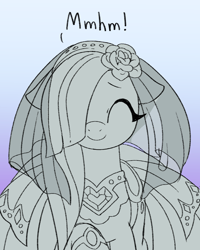 Size: 1000x1250 | Tagged: safe, artist:marbo, imported from ponybooru, marble pie, earth pony, pony, bracelet, clothes, dialogue, dress, eyes closed, female, flower, jewelry, mare, mhm, monochrome, necklace, smiling, solo, wedding dress, wedding veil, wip