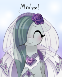 Size: 1000x1250 | Tagged: safe, artist:marbo, imported from ponybooru, marble pie, earth pony, pony, bracelet, clothes, dialogue, dress, eyes closed, female, flower, jewelry, mare, mhm, necklace, smiling, solo, wedding dress, wedding veil