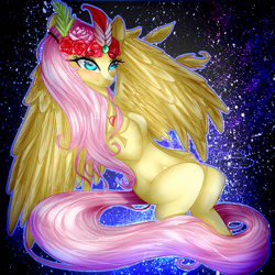 Size: 1000x1000 | Tagged: safe, artist:fantisai, imported from derpibooru, fluttershy, pegasus, pony, eyelashes, female, flower, flower in hair, mare, simple background, solo, space, transparent background, wings