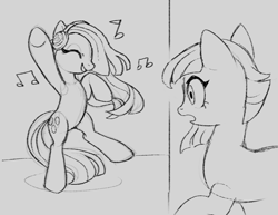 Size: 797x615 | Tagged: safe, artist:marbo, imported from ponybooru, limestone pie, marble pie, earth pony, pony, bipedal, caught, dancing, female, headphones, mare, monochrome, music notes, open mouth, open smile, smiling, surprised