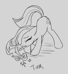 Size: 362x393 | Tagged: safe, artist:marbo, imported from ponybooru, marble pie, earth pony, pony, eyes closed, female, mare, monochrome, mouth hold, pickaxe, rock, rock farm, solo