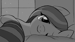 Size: 1739x977 | Tagged: safe, artist:marbo, imported from ponybooru, marble pie, earth pony, pony, bed, clothes, female, grayscale, lying down, mare, monochrome, one eye closed, smiling, socks, solo, striped socks, window