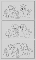 Size: 1478x2470 | Tagged: safe, artist:marbo, imported from ponybooru, limestone pie, marble pie, earth pony, pony, balancing, blank flank, comic, female, filly, mhm, monochrome, mouth hold, open mouth, rock, smiling, surprised