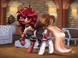 Size: 1280x962 | Tagged: safe, artist:king-kakapo, imported from derpibooru, oc, oc only, oc:flechette, changeling, insect, moth, mothling, original species, pony, clothes, maid, red changeling, solo, species swap
