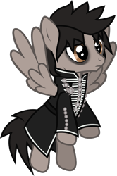 Size: 871x1314 | Tagged: safe, artist:lightningbolt, derpibooru exclusive, imported from derpibooru, pegasus, pony, .svg available, clandestine industries, clothes, eyeliner, eyeshadow, flying, frown, jacket, makeup, male, mikey way, my chemical romance, ponified, simple background, solo, spread wings, stallion, svg, the black parade, transparent background, vector, wings