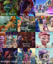 Size: 2686x3222 | Tagged: safe, imported from derpibooru, screencap, crystal cove, hitch trailblazer, izzy moonbow, purple haze (g5), spoiler:my little pony: a new generation, /mlp/, 3d, azure gust, balloon, beatnik pony, cinnamon nutmeg, factory, flower, g5, grass, high res, ivory cedar, lamp, laraha blossom, lavender taffy, microphone, mint grove, my little pony: a new generation, neon dixie, onyx, spanner sparks, sweets (g5), tram, windy (g5)