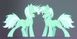 Size: 1843x934 | Tagged: safe, artist:xbi, imported from derpibooru, lyra heartstrings, pony, unicorn, female, gradient background, looking at each other, mare, self ponidox, symmetrical