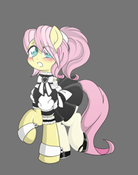 Size: 6410x8098 | Tagged: safe, artist:darkstorm mlp, imported from derpibooru, fluttershy, pegasus, pony, adorable face, adorascotch, anime style, blushing, bow, butterscotch, clothes, crossdressing, cuffs (clothes), cute, eye clipping through hair, femboy, fluttermaid, garter, hair tie, hidden wings, maid, makeup, male, mary janes, nylon tights, ponytail, raised hoof, rule 63, shoes, simple background, solo, stallion, stockings, thigh highs