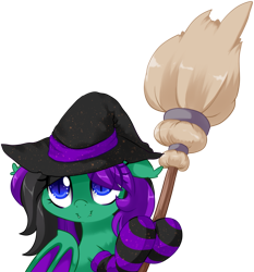 Size: 1235x1324 | Tagged: safe, artist:loyaldis, imported from derpibooru, oc, oc only, oc:mintybatty, pony, broom, clothes, hat, simple background, socks, solo, stockings, striped socks, thigh highs, transparent background, witch hat