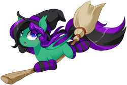 Size: 1494x1000 | Tagged: safe, artist:loyaldis, imported from derpibooru, oc, oc only, oc:mintybatty, pony, broom, clothes, flying, flying broomstick, hat, simple background, socks, solo, stockings, striped socks, thigh highs, transparent background, witch hat