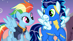 Size: 1280x720 | Tagged: safe, artist:mlplary6, imported from derpibooru, rainbow dash, soarin', pegasus, pony, the last problem, clothes, female, flying, grin, looking at each other, male, mare, older, older rainbow dash, older soarin', shipping, smiling, smiling at each other, soarindash, spread wings, stallion, straight, uniform, wings, wonderbolts uniform