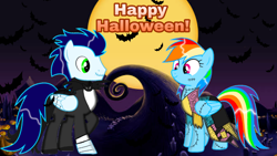 Size: 1280x720 | Tagged: safe, artist:mlplary6, imported from derpibooru, rainbow dash, soarin', pegasus, pony, clothes, costume, female, halloween, holiday, looking at each other, male, mare, nightmare night, shipping, smiling, smiling at each other, soarindash, stallion, straight