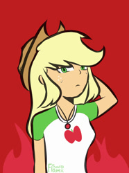 Size: 828x1111 | Tagged: safe, artist:saraflamx, imported from derpibooru, applejack, equestria girls, blonde, drawing, fanart, freckles, green eyes, hat, red background, simple background