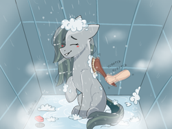 Size: 1024x768 | Tagged: safe, artist:valkiria, imported from derpibooru, marble pie, earth pony, human, pony, blushing, brushie, cute, eye clipping through hair, eyebrows, eyebrows visible through hair, eyes closed, female, marblebetes, pony pet, shower, soap bubble, solo