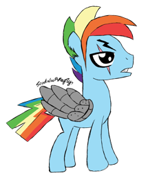 Size: 680x792 | Tagged: safe, artist:scootaloormayfly, imported from derpibooru, rainbow dash, pegasus, pony, alternate universe, colored, digital art, rainbow blitz, robotic wing, rule 63, simple background, solo, transparent background