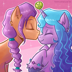 Size: 4724x4724 | Tagged: safe, artist:shallowwin, imported from derpibooru, izzy moonbow, sunny starscout, earth pony, pony, unicorn, spoiler:my little pony: a new generation, absurd resolution, ball, cute, eyes closed, female, g5, izzy's tennis ball, izzybetes, izzyscout, kissing, lesbian, my little pony: a new generation, nose kiss, shipping, sunnybetes, tennis ball