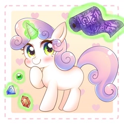 Size: 1100x1100 | Tagged: safe, artist:yukiha_321, imported from derpibooru, sweetie belle, pony, unicorn, beads, blank flank, blushing, cute, diasweetes, fabric, female, filly, gem, glowing, glowing horn, happy, heart, hoof on chin, horn, levitation, magic, magic aura, raised hoof, smiling, solo, sweetie belle's magic brings a great big smile, telekinesis, weapons-grade cute