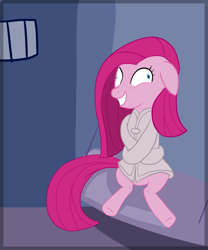 Size: 906x1091 | Tagged: safe, artist:lati the lombax, imported from derpibooru, pinkie pie, earth pony, pony, 2011, asylum, bondage, cell, crazy grin, floppy ears, insanity, pinkamena diane pie, solo, straitjacket