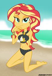 Size: 1994x2900 | Tagged: safe, artist:javisuzumiya, imported from derpibooru, sunset shimmer, equestria girls, equestria girls series, forgotten friendship, bare shoulders, barefoot, beach, beach shorts swimsuit, bedroom eyes, belly button, bikini, breasts, busty sunset shimmer, clothes, eyebrows, eyebrows visible through hair, feet, female, high res, looking at you, sleeveless, smiling, smiling at you, solo, sunset shimmer's beach shorts swimsuit, swimsuit