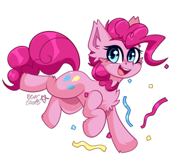 Size: 2221x2060 | Tagged: safe, artist:star-theft, imported from derpibooru, pinkie pie, earth pony, pony, cheek fluff, chest fluff, confetti, cute, cute little fangs, diapinkes, ear fluff, fangs, female, high res, mare, open mouth, simple background, solo, streamers, transparent background