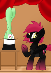 Size: 1750x2500 | Tagged: safe, anonymous artist, imported from derpibooru, oc, oc:jonin, oc:rubellite rhapsody, pegasus, pony, curtains, female, happy, hat, magic trick, male, mare, open mouth, raised hoof, smiling, stallion, top hat, underhoof, wings