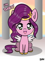 Size: 1379x1839 | Tagged: safe, artist:banquo0, imported from derpibooru, pipp petals, pegasus, pony, spoiler:my little pony: a new generation, adorapipp, chibi, cute, female, g5, my little pony: a new generation, open mouth, pipp is short, smol, solo, spread wings, text, wings