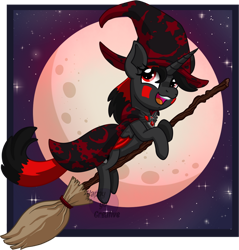 Size: 600x627 | Tagged: safe, artist:happy-go-creative, imported from derpibooru, oc, oc only, oc:amy amulet, alicorn, pony, broom, chibi, commission, flying, flying broomstick, halloween, hat, holiday, night, nightmare night, solo, witch, witch hat, ych result, your character here