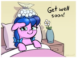 Size: 1752x1332 | Tagged: safe, artist:heretichesh, imported from derpibooru, oc, oc only, oc:angel blossom, earth pony, pony, bed, female, filly, floppy ears, freckles, get well soon, ice pack, looking at you, sheet, sick, smiling, smiling at you, solo