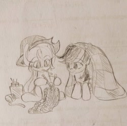 Size: 640x634 | Tagged: safe, artist:snowzaaah, imported from derpibooru, applejack, rainbow dash, earth pony, pegasus, pony, appledash, appledashdailydoodles, doodle, female, lesbian, monochrome, pencil drawing, shipping, sketch, traditional art