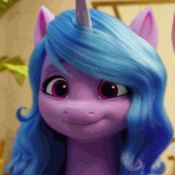 Size: 665x665 | Tagged: safe, imported from derpibooru, screencap, izzy moonbow, pony, unicorn, spoiler:my little pony: a new generation, 3d, animated, cute, female, g5, gif, head shake, izzybetes, mare, my little pony: a new generation, no, reaction image, smiling, solo