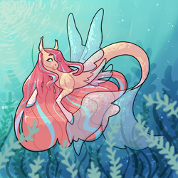 Size: 2000x2000 | Tagged: safe, artist:elf-hollow, imported from derpibooru, fluttershy, merpony, seapony (g4), blue eyes, bubble, clothes, crepuscular rays, female, fin wings, fins, fish tail, flowing mane, flowing tail, high res, ocean, pink mane, redraw, seaponified, seapony fluttershy, seaweed, solo, species swap, sunlight, swimming, tail, underwater, water, wings