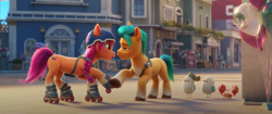 Size: 1145x479 | Tagged: safe, imported from derpibooru, screencap, hitch trailblazer, sunny starscout, bird, crab, earth pony, seagull, spoiler:my little pony: a new generation, 3d, critter magnet, female, g5, kenneth, male, mare, mcsnips-a-lot, my little pony: a new generation, stallion