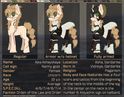 Size: 3672x2893 | Tagged: safe, artist:syntiset, imported from derpibooru, oc, oc only, oc:ajka, pony, unicorn, fallout equestria, armor, boots, braid, braided tail, chest fluff, clothes, ear fluff, facial hair, fallout equestria: gardarike adventures, female, fluffy, fur, green eyes, helmet, high res, hooves, horn, horns, mare, pagan, pony oc, reference sheet, scar, shoes, smiling, smirk, solo, standing, tail, tattoo, text, unicorn oc, yakutian horse