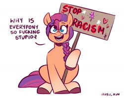 Size: 1675x1322 | Tagged: safe, artist:lrusu, imported from derpibooru, sunny starscout, earth pony, pony, spoiler:my little pony: a new generation, derail in the comments, g5, my little pony: a new generation, pony racism, racism, sign, vulgar