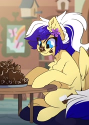 Size: 2481x3507 | Tagged: safe, artist:arctic-fox, imported from derpibooru, oc, oc only, oc:animatedpony, pegasus, pony, cake, chest fluff, eating, food, high res, messy eating, solo