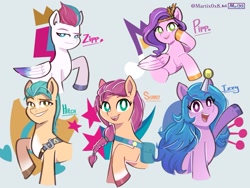 Size: 1423x1069 | Tagged: safe, artist:aceslingerexo, imported from derpibooru, hitch trailblazer, izzy moonbow, pipp petals, sunny starscout, zipp storm, earth pony, pegasus, pony, unicorn, spoiler:my little pony: a new generation, adorapipp, adorazipp, ball, cute, cutie mark background, female, g5, horn, hornball, izzy's tennis ball, male, mane five (g5), mare, my little pony: a new generation, royal sisters (g5), siblings, sisters, stallion, tennis ball, white pupils