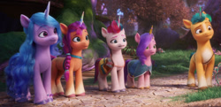 Size: 1280x618 | Tagged: safe, imported from derpibooru, screencap, hitch trailblazer, izzy moonbow, pipp petals, sunny starscout, zipp storm, earth pony, pony, unicorn, spoiler:my little pony: a new generation, 3d, adorapipp, adorazipp, bridlewood, cute, fake horn, female, g5, male, mane five (g5), mare, my little pony: a new generation, royal sisters (g5), siblings, sisters, stallion