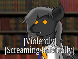 Size: 906x686 | Tagged: safe, artist:tranzmuteproductions, imported from derpibooru, oc, oc only, oc:tranzmute, bat pony, pony, bat pony oc, bat wings, book, bust, fangs, indoors, library, male, necktie, screaming internally, solo, stallion, wings