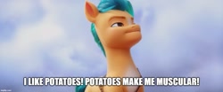 Size: 1200x500 | Tagged: safe, edit, edited screencap, imported from derpibooru, screencap, hitch trailblazer, earth pony, pony, spoiler:my little pony: a new generation, 3d, caption, food, g5, image macro, male, meme, my little pony: a new generation, potato, solo, stallion, text