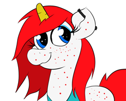 Size: 1280x1024 | Tagged: safe, artist:tranzmuteproductions, imported from derpibooru, oc, oc only, oc:red note, pony, unicorn, bust, ear piercing, eyelashes, female, freckles, horn, mare, piercing, simple background, smiling, solo, unicorn oc, white background