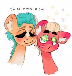 Size: 1927x2048 | Tagged: safe, artist:p0nyplanet, imported from derpibooru, hitch trailblazer, sprout cloverleaf, earth pony, pony, blaze (coat marking), blushing, coat markings, dialogue, ear blush, ear fluff, eyes closed, facial markings, floating heart, g5, gay, heart, hitchsprout, male, my little pony: a new generation, shipping, simple background, smiling, stallion, stallion on stallion, starry eyes, white background, wingding eyes