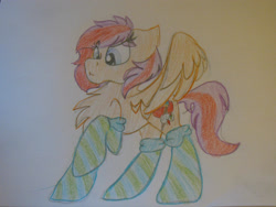 Size: 2828x2121 | Tagged: safe, artist:littlelifedoodles, imported from derpibooru, oc, oc only, pegasus, pony, chest fluff, clothes, eyelashes, female, high res, mare, pegasus oc, raised hoof, socks, solo, striped socks, traditional art