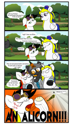 Size: 2508x4272 | Tagged: safe, artist:tranzmuteproductions, imported from derpibooru, oc, oc only, oc:lightning bliss, oc:tranzmute, alicorn, alicorn oc, angry, bat wings, beer bottle, bottle, clothes, comic, cross-popping veins, dialogue, fake horn, female, goggles, horn, male, mare, necktie, outdoors, side hug, stallion, suit, wings